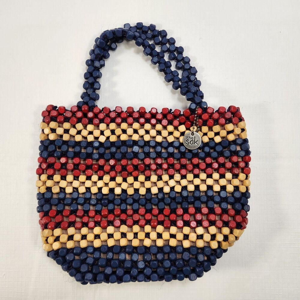 The SAK Montara Wood Hand-Beaded Small Tote Red Blue‎ Tan Patriotic USA Summer